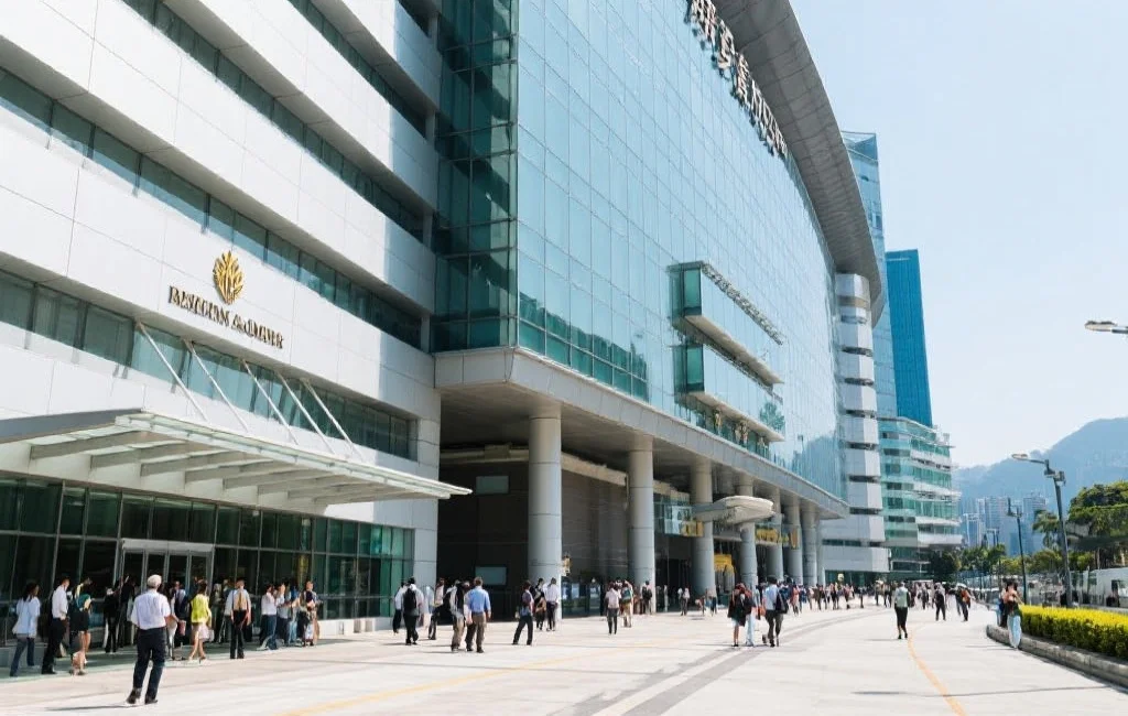 现代香港赛马会大楼外观，白天人群进出，建筑现代感十足