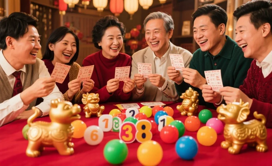 手持彩票的人们围坐在一起，桌上摆放着生肖雕塑和色彩丰富的数字球，氛围轻松愉快